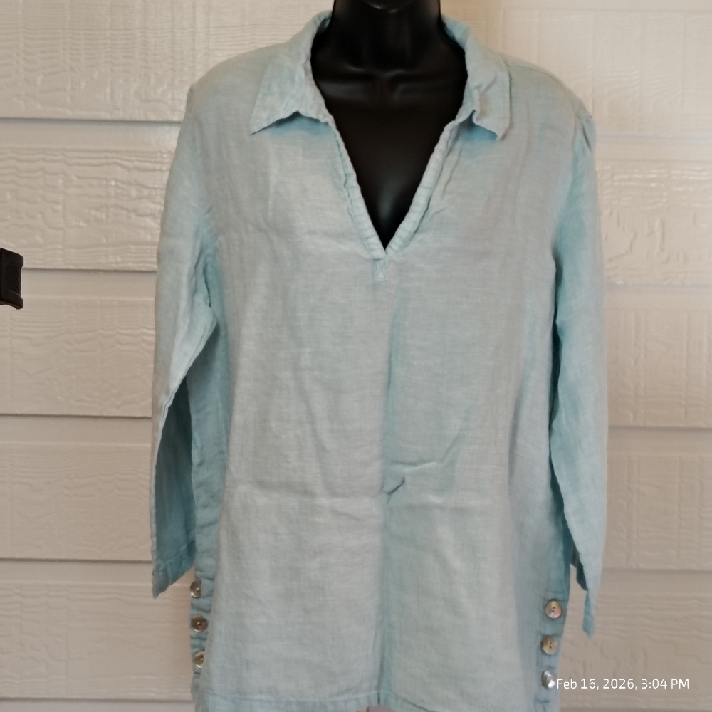 St. Tropez 100% Linen Tunic Top Blouse Blue SZ Large V Neck Collar Resort Travel